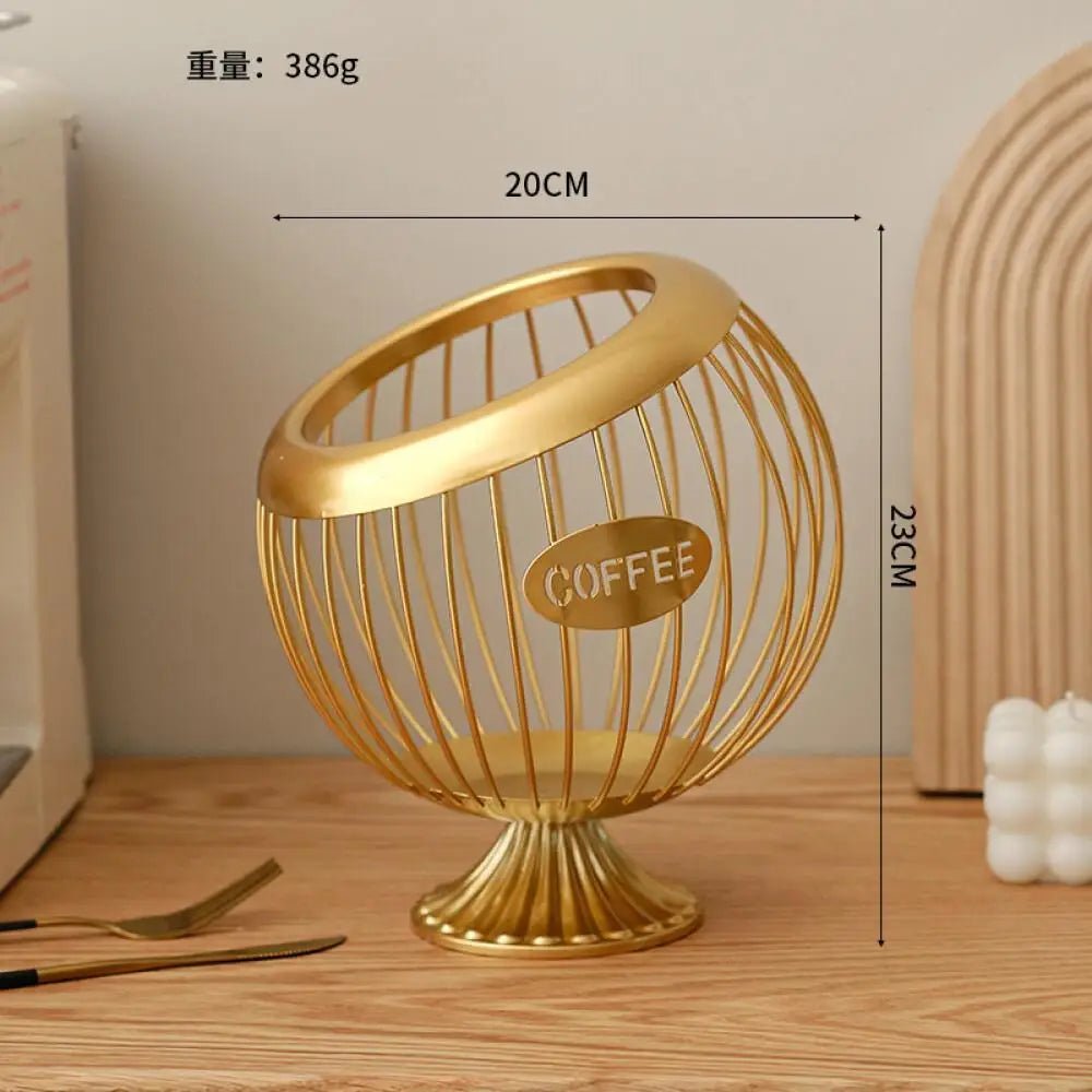 Gold wire coffee basket with 'COFFEE' label on a wooden surface, showing dimensions.