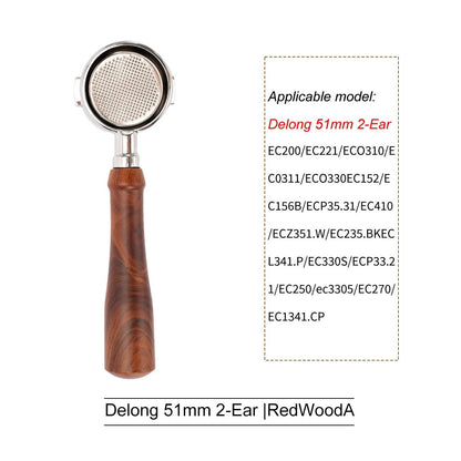 Wood-handled portafilter next to list of compatible models