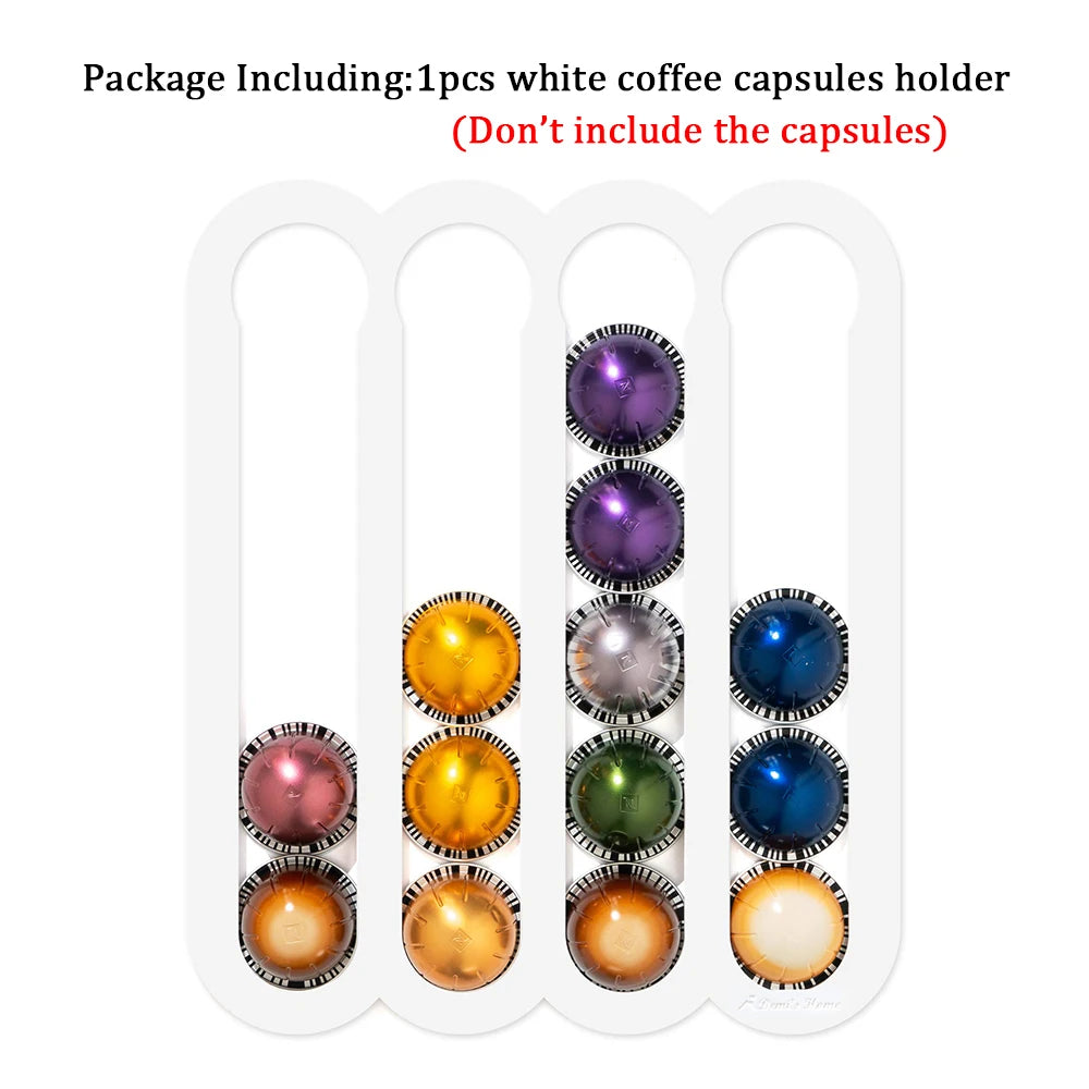 White coffee capsules holder with colorful capsules on a white background