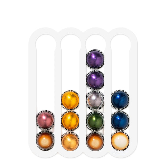 White coffee capsules holder with colorful capsules on a white background