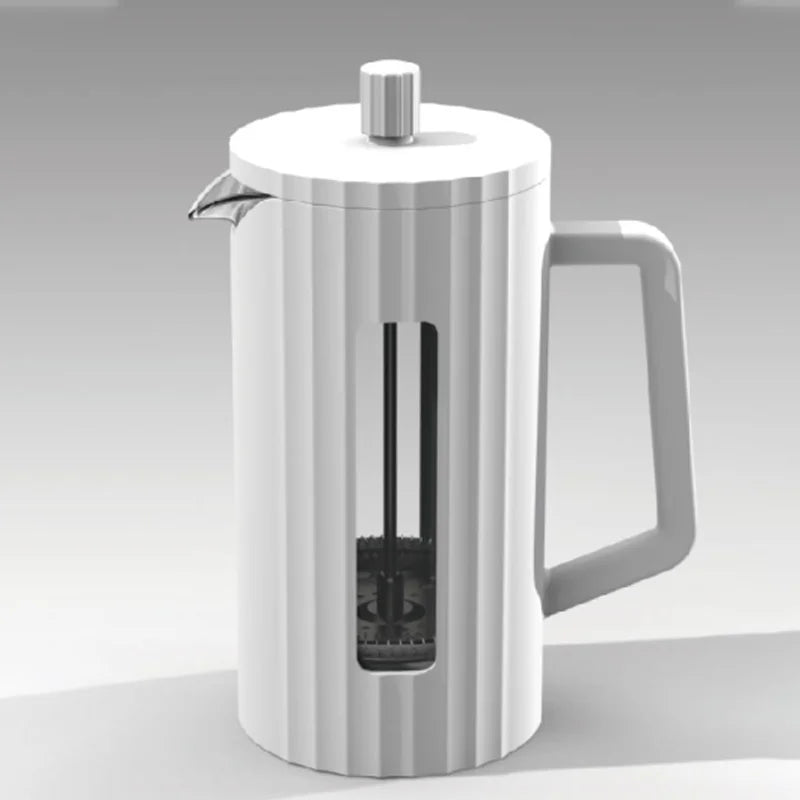 Silver French press coffee maker on a gray background