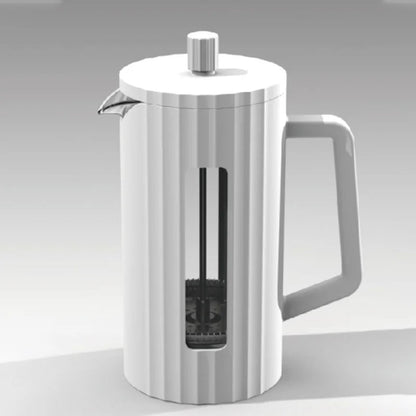Silver French press coffee maker on a gray background