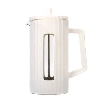 White french press coffee maker with a handle on a white background