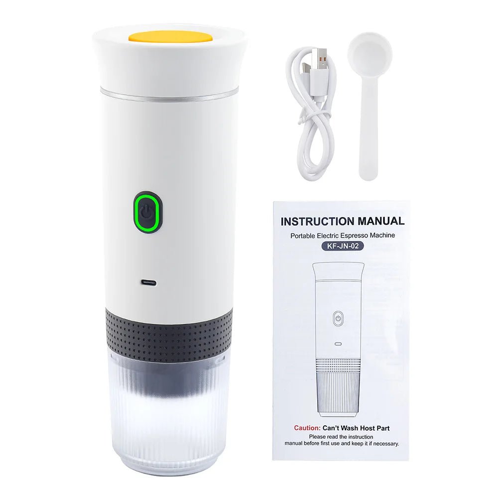 Portable electric espresso machine with USB cable and instruction manual on a white background