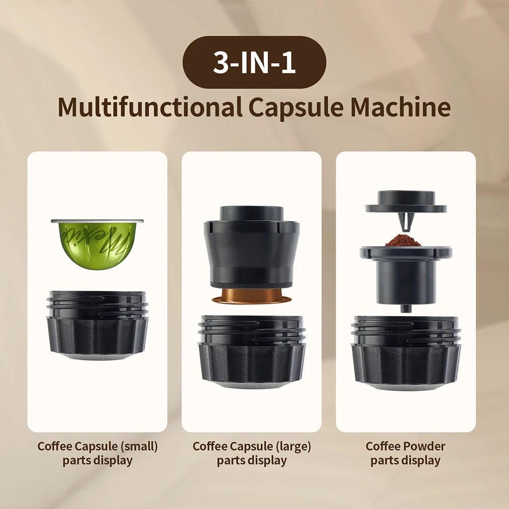 Multifunctional capsule machine with different parts displayed on a beige background