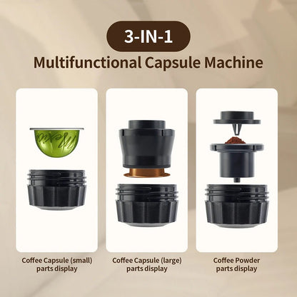 Multifunctional capsule machine with different parts displayed on a beige background