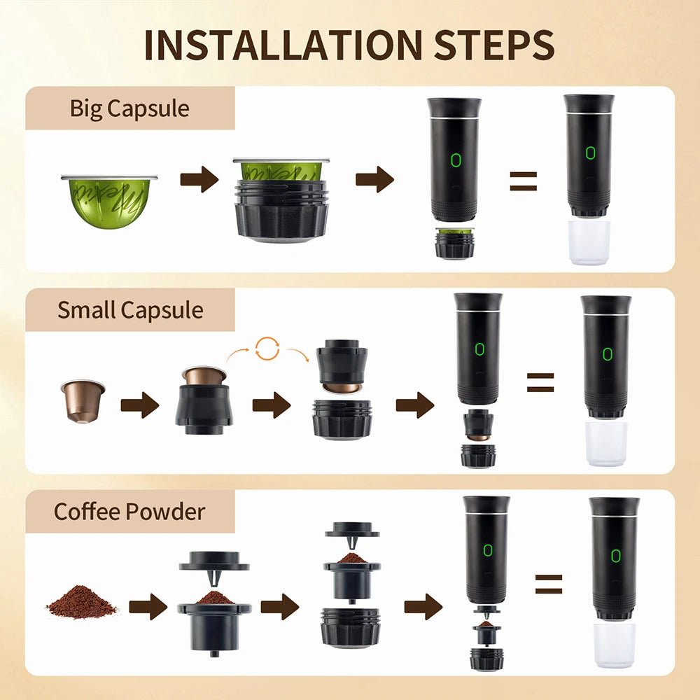 Step-by-step guide for installing different types of capsules and coffee powder into a device.