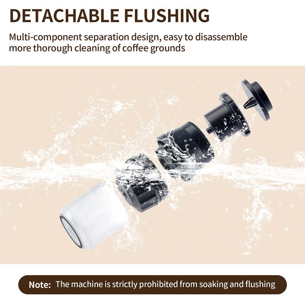 Coffee machine components with detachable flushing feature on a beige background