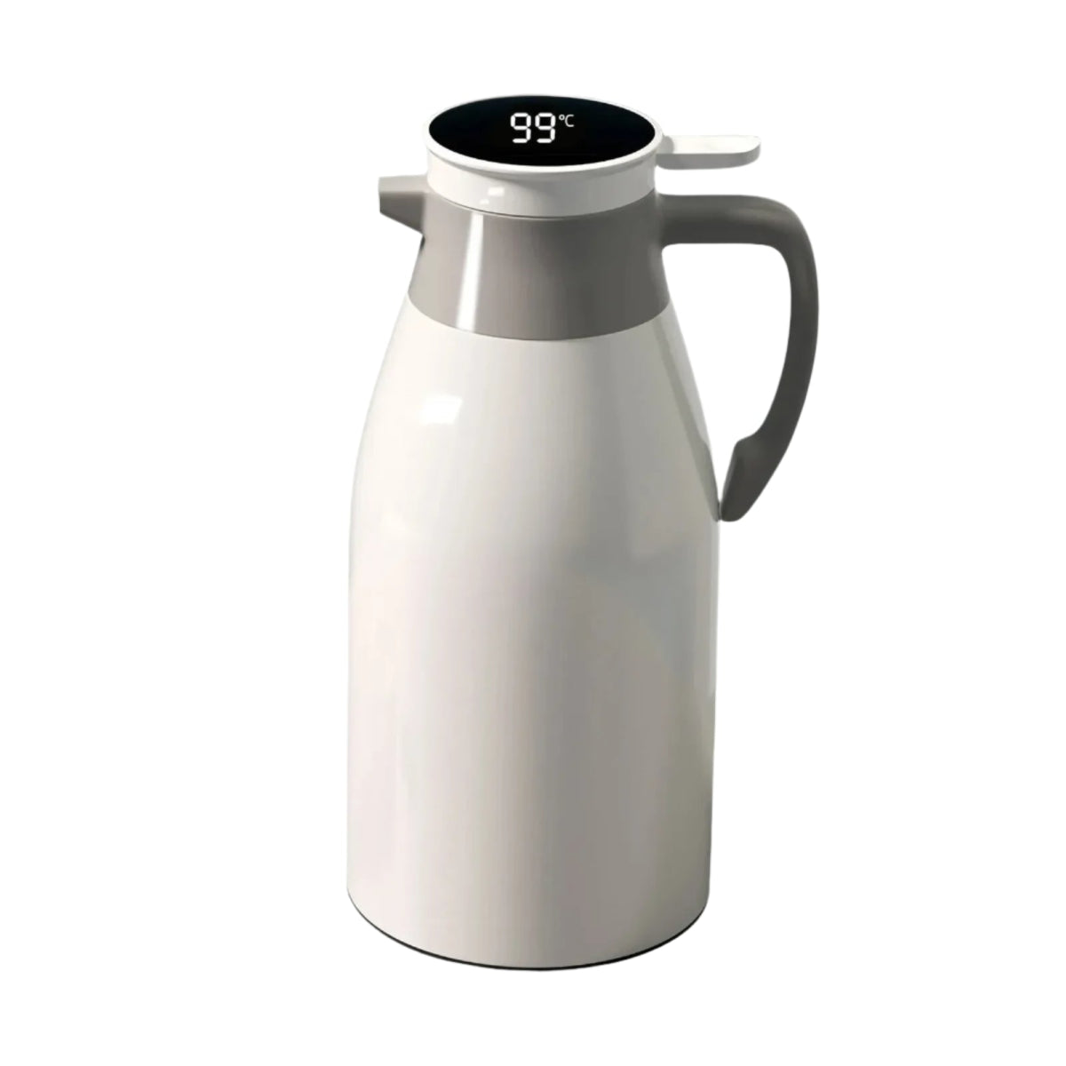 White thermos with digital temperature display on a white background