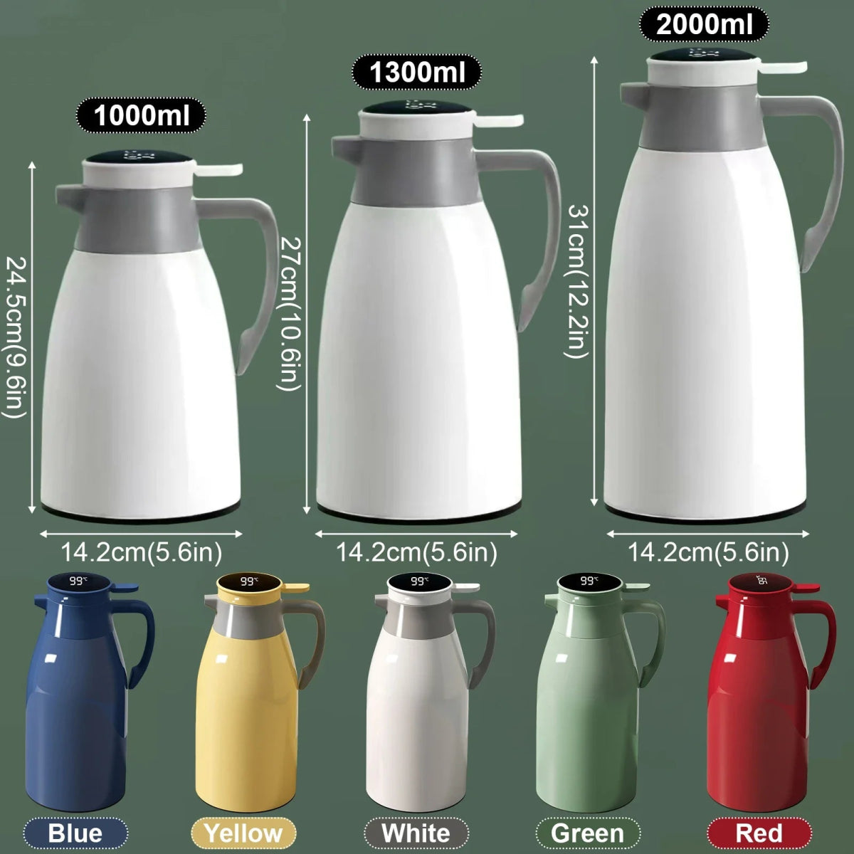 Set of Thermal Coffee Carafe with different capacities and colors on a green background