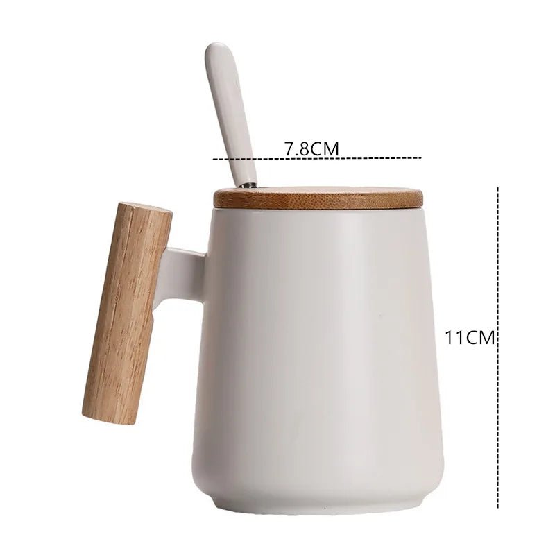 White mug with wooden handle and lid, featuring measurements on a white background