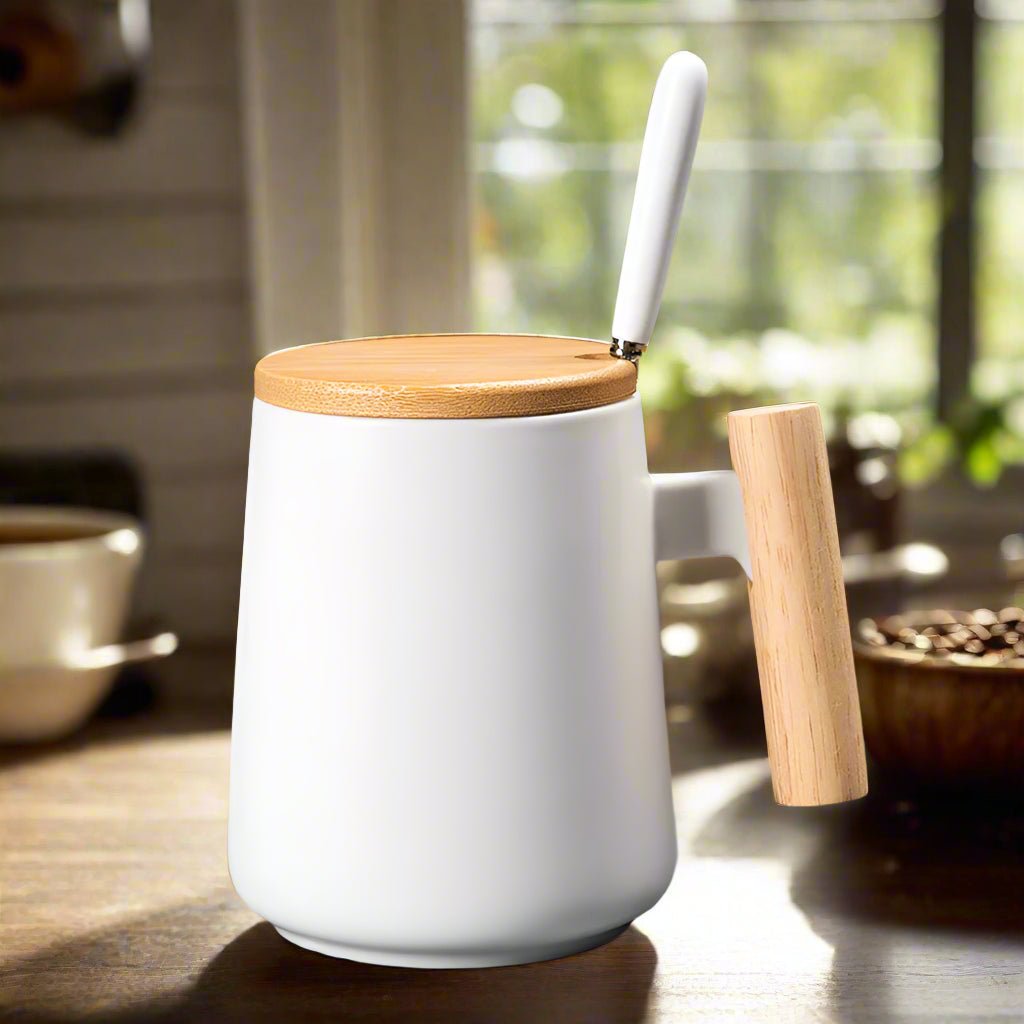 White mug with wooden lid and handle on a wooden surface