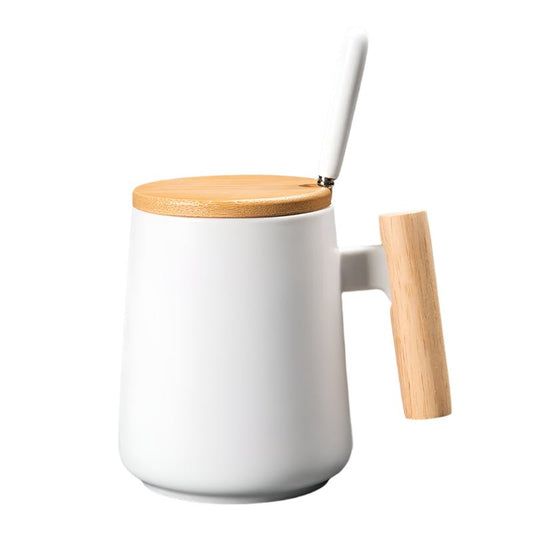 Withe Elegant Ceramic Coffee Mug with Wooden Lid & HandleUtensils for Coffee