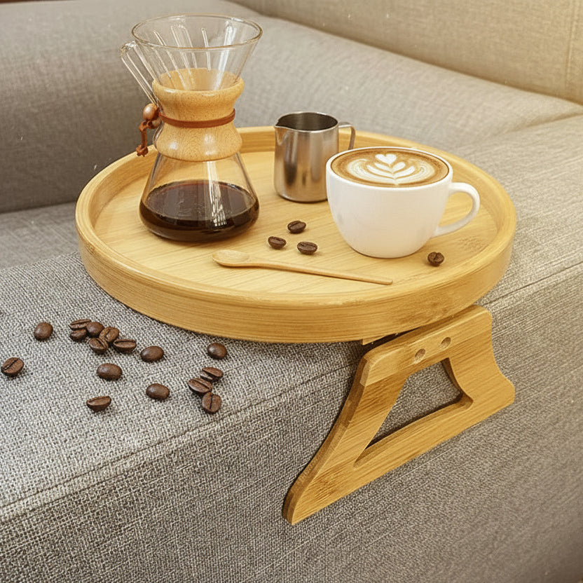 Wooden tray with stand on a gray sofa